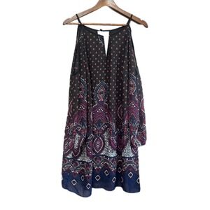 By & By Cold Shoulder Dress Womens 1X Black Paisley Chiffon Excellent Boho Mini